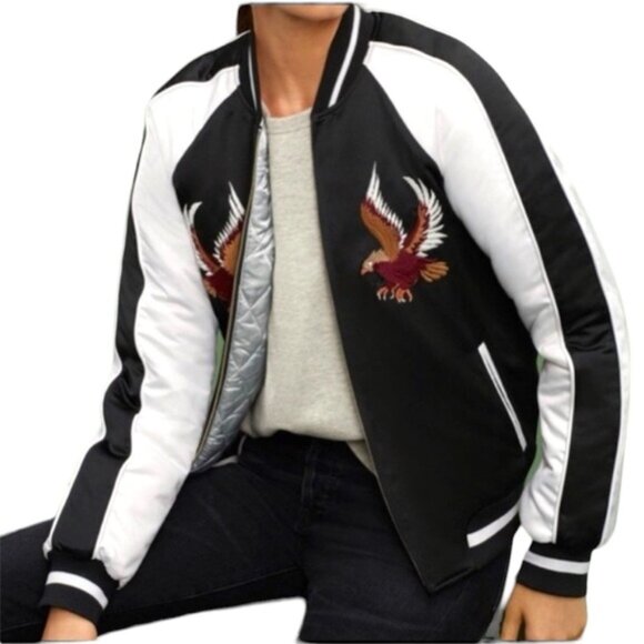 Aritzia Jackets & Blazers - Aritzia Golden TNA Embroidered Satin Bomber Jacket Quilted Eagle Pockets Zip Top